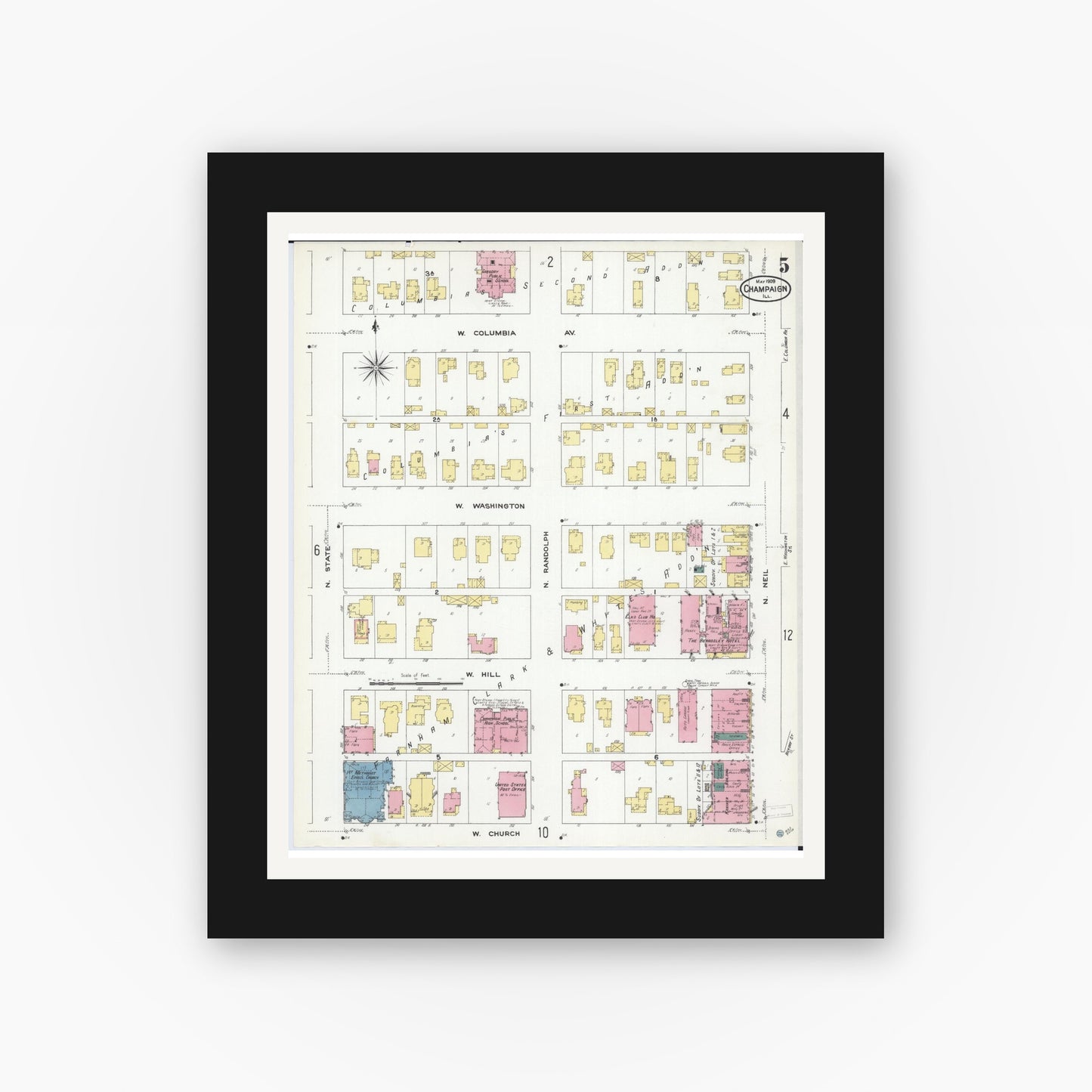 Old map wall art mockup — black gallery frame with white mat — Sanborn Fire Insurance Map from Champaign, Champaign County, Illinois (1909), Sheet #0005