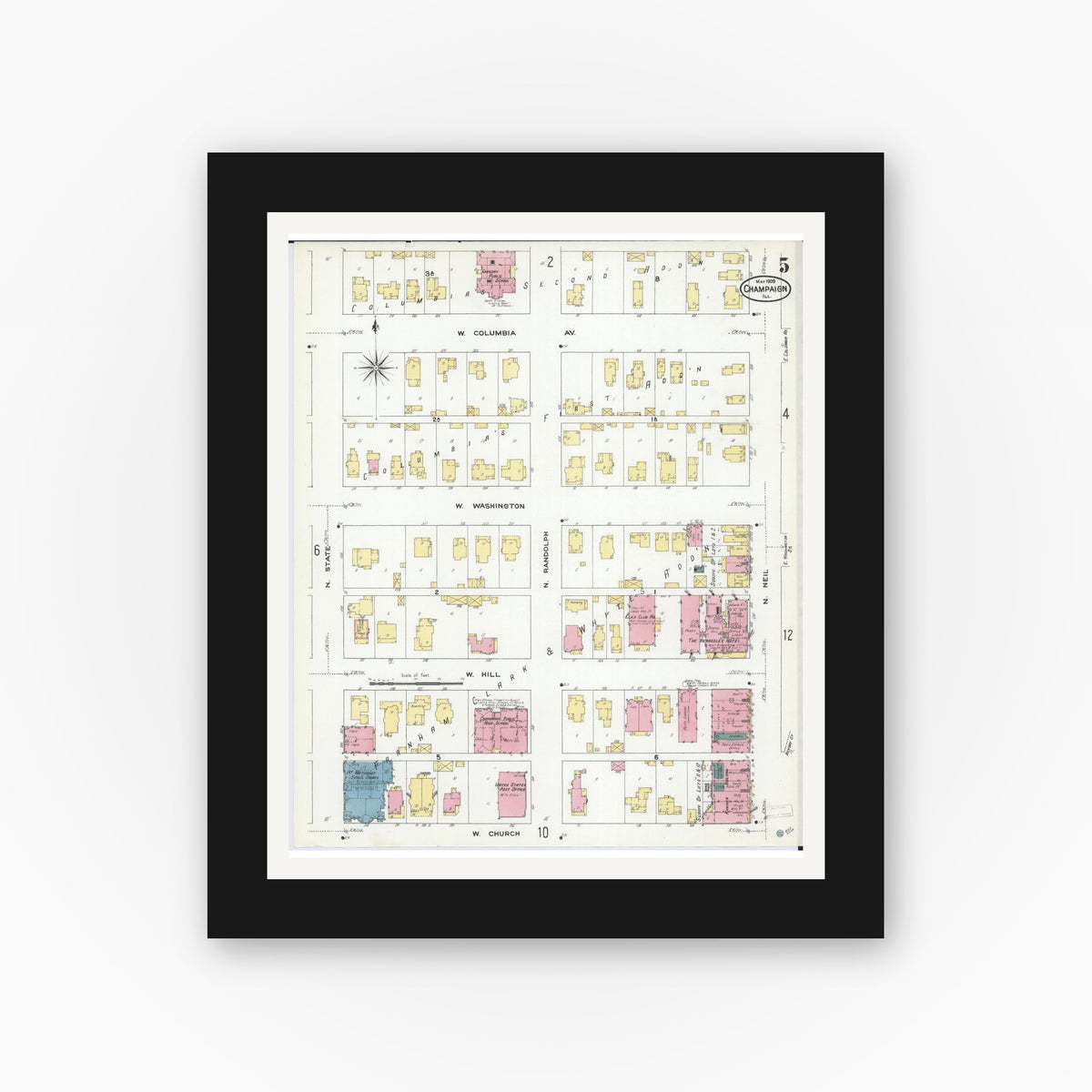 Old map wall art mockup — black gallery frame with white mat — Sanborn Fire Insurance Map from Champaign, Champaign County, Illinois (1909), Sheet #0005