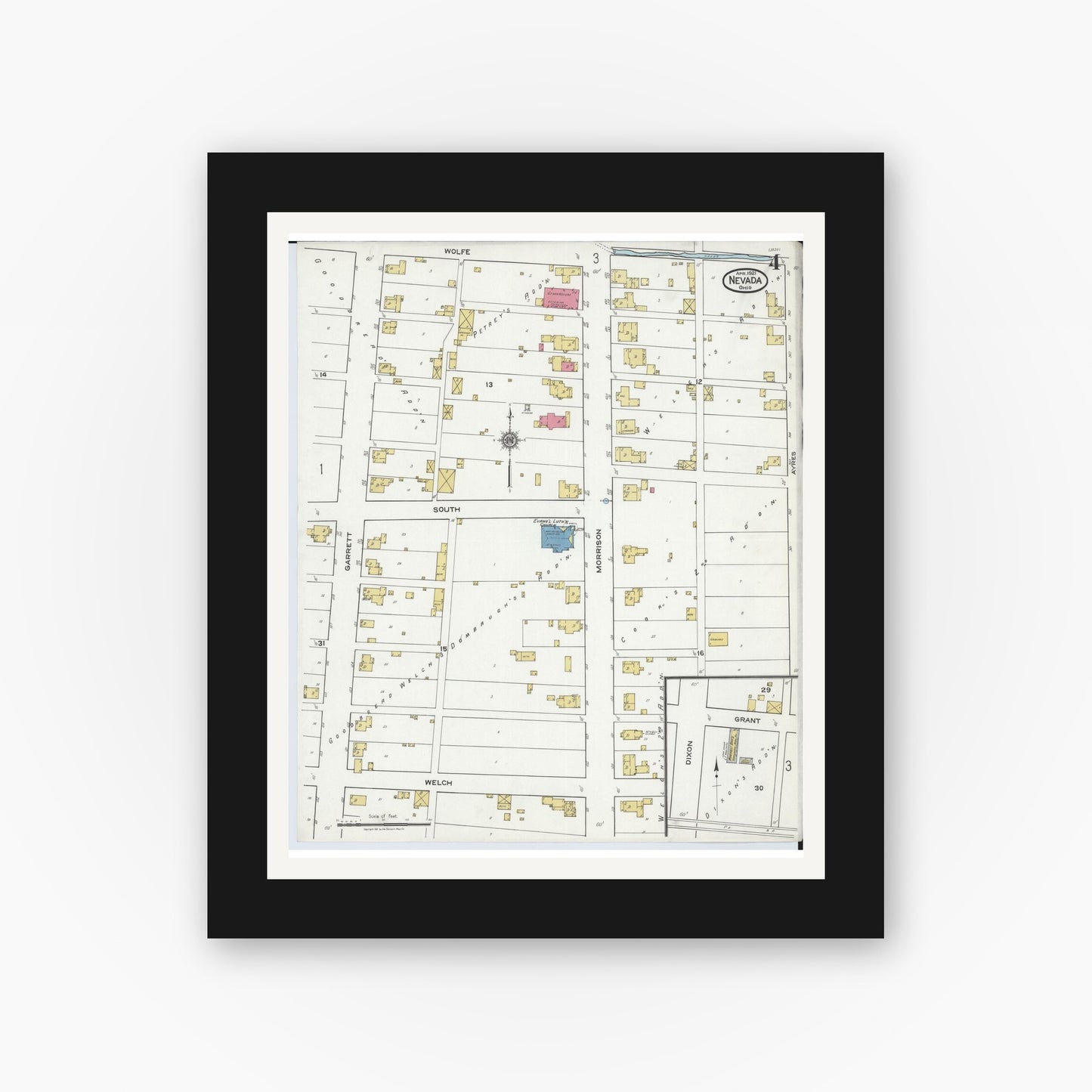 Old map wall art mockup — black gallery frame with white mat — Sanborn Fire Insurance Map from Nevada, Wyandot County, Ohio (1921), Sheet #0004
