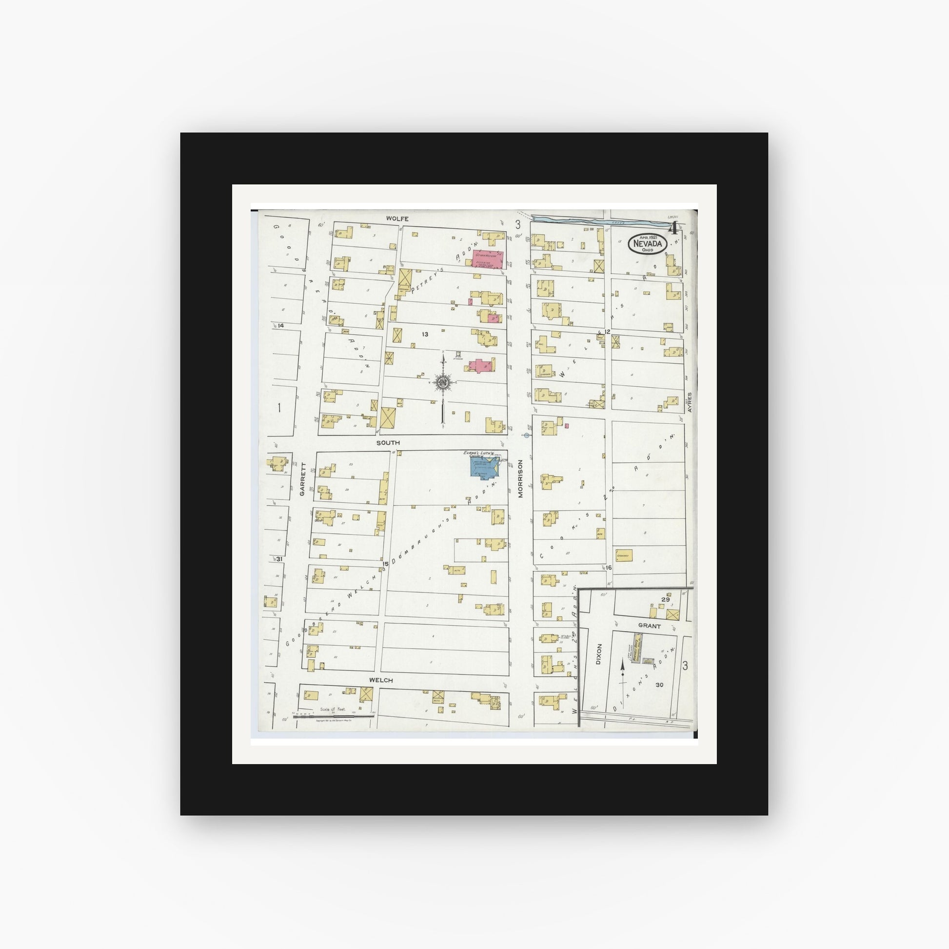 Old map wall art mockup — black gallery frame with white mat — Sanborn Fire Insurance Map from Nevada, Wyandot County, Ohio (1921), Sheet #0004