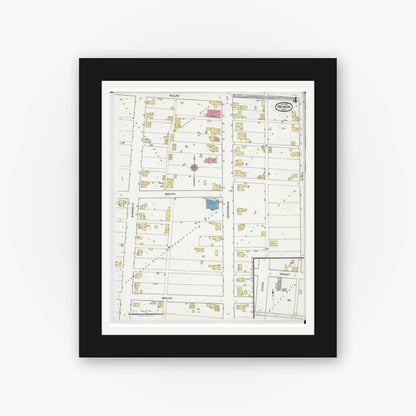 Old map wall art mockup — black gallery frame with white mat — Sanborn Fire Insurance Map from Nevada, Wyandot County, Ohio (1921), Sheet #0004