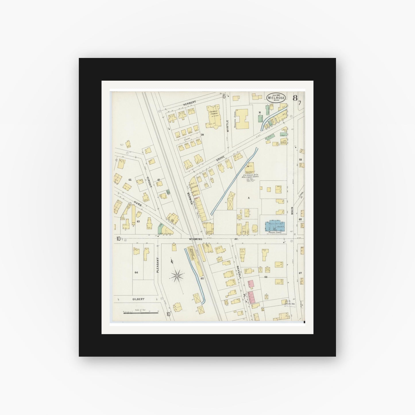Old map wall art mockup — black gallery frame with white mat — Sanborn Fire Insurance Map from Melrose, Middlesex County, Massachusetts (1897), Sheet #0008