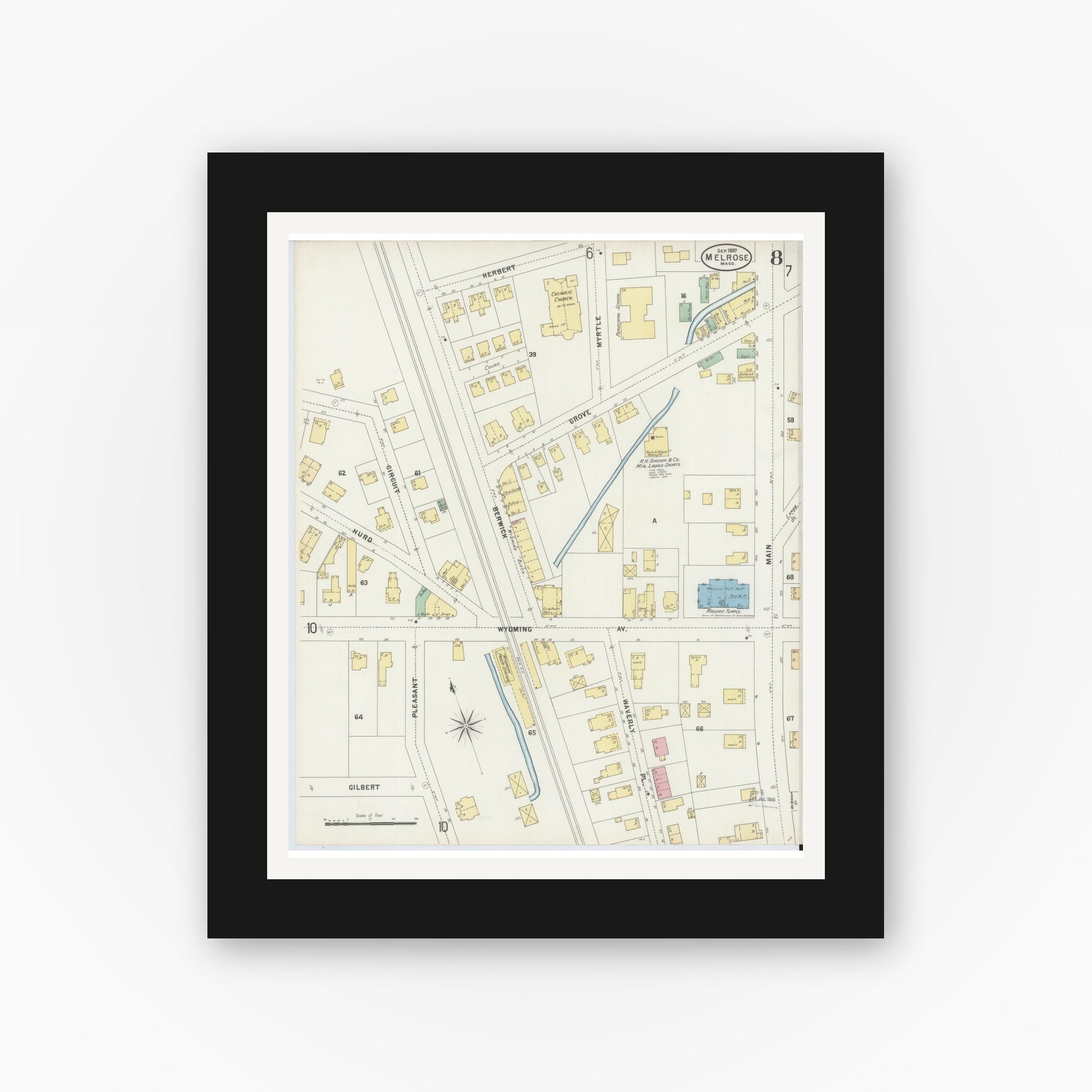 Old map wall art mockup — black gallery frame with white mat — Sanborn Fire Insurance Map from Melrose, Middlesex County, Massachusetts (1897), Sheet #0008
