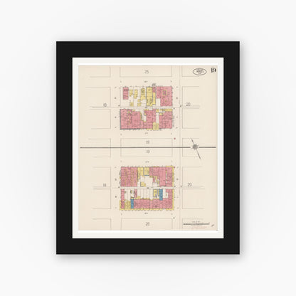 Old map wall art mockup — black gallery frame with white mat — Sanborn Fire Insurance Map from Merced, Merced County, California (1922), Sheet #0019