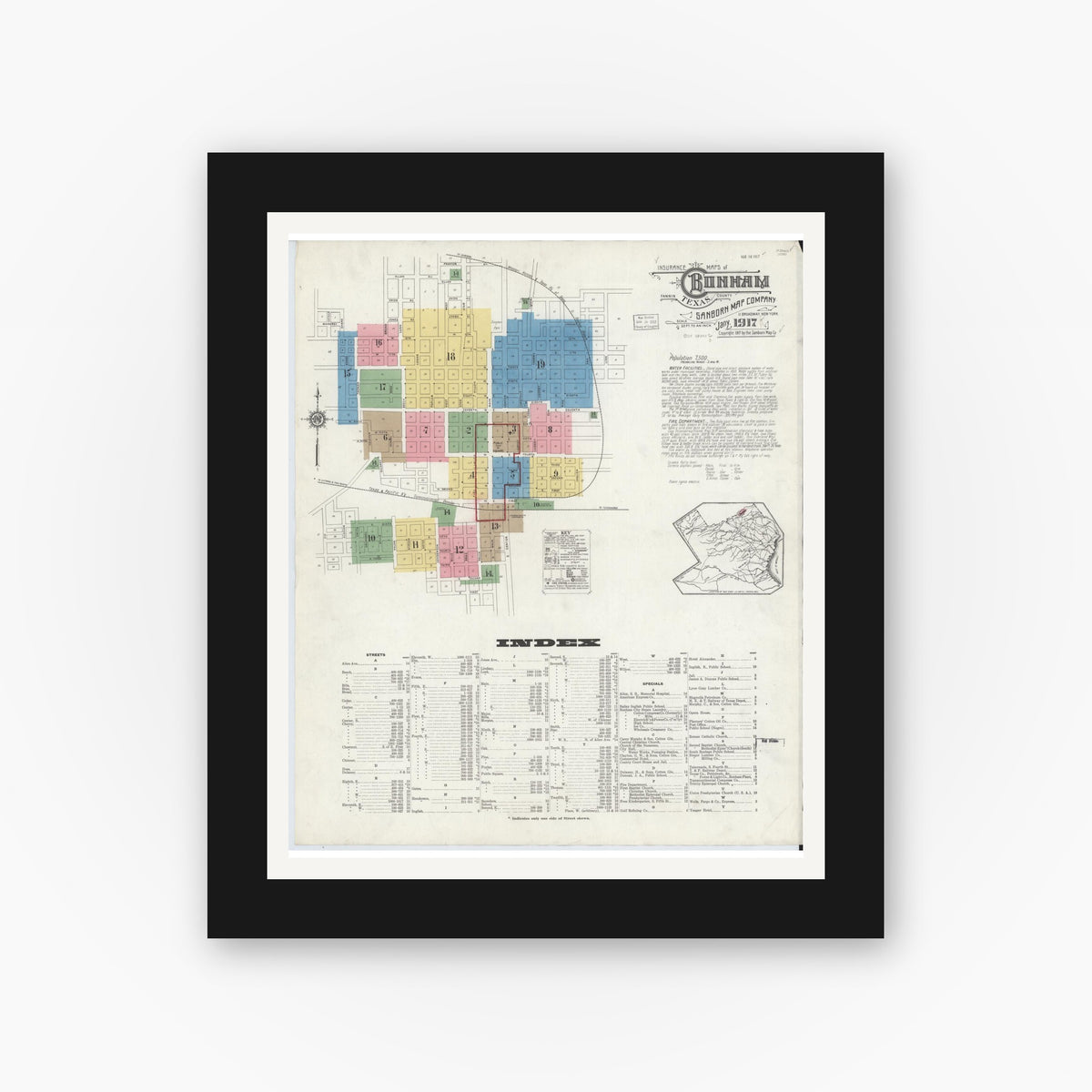 Old map wall art mockup — black gallery frame with white mat — Sanborn Fire Insurance Map from Bonham, Fannin County, Texas (1917) - Complete Map Set