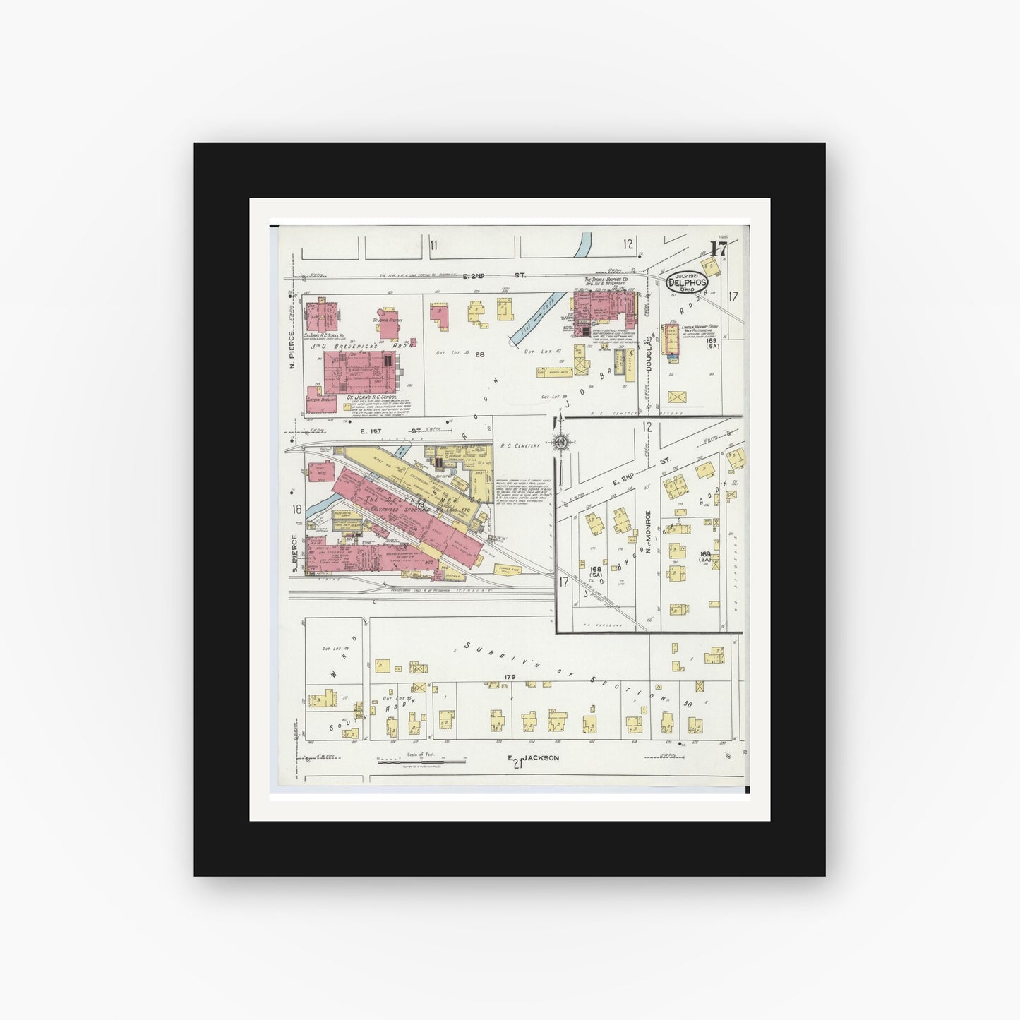 Old map wall art mockup — black gallery frame with white mat — Sanborn Fire Insurance Map from Delphos, Van Wert And Allen Counties, Ohio (1921), Sheet #0017