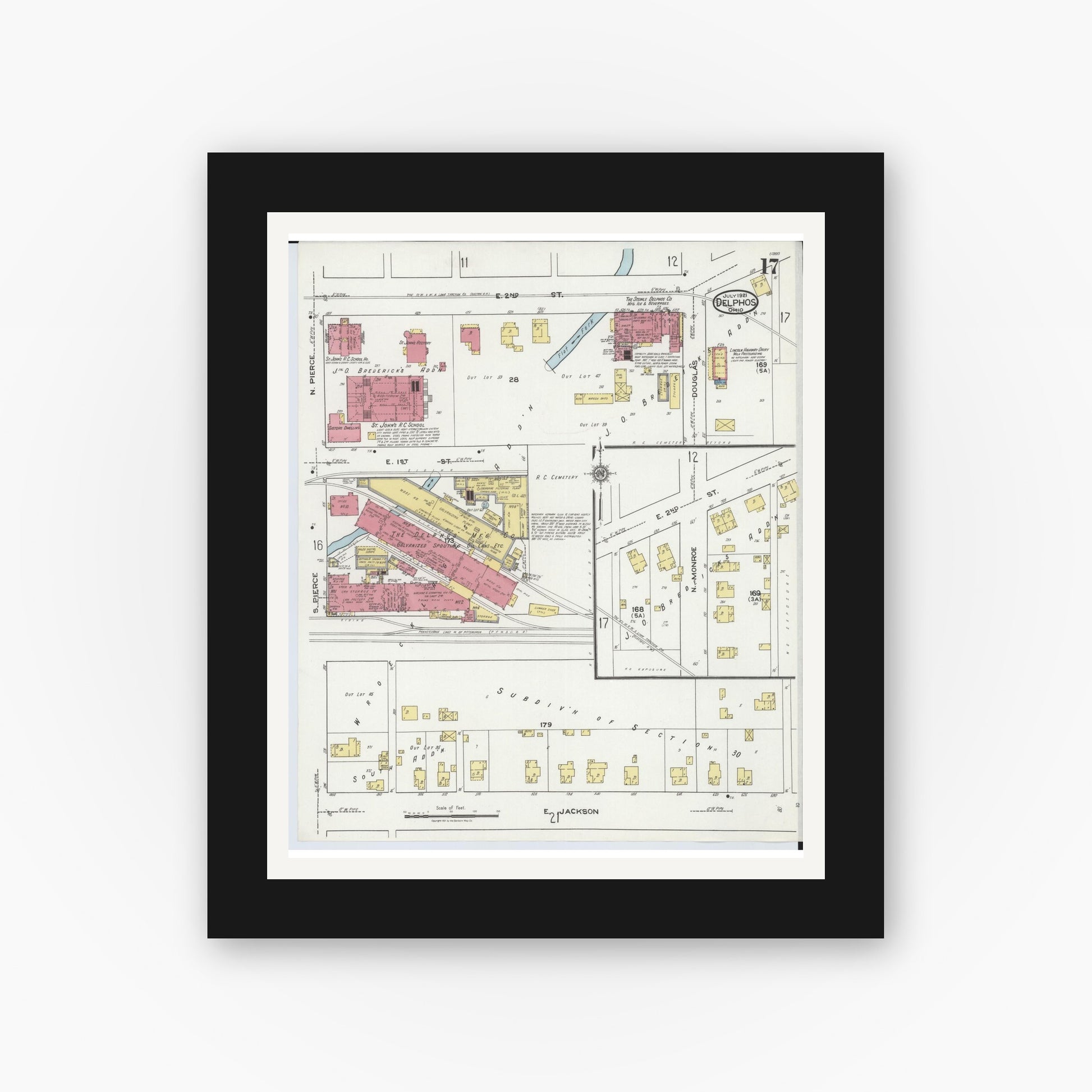 Old map wall art mockup — black gallery frame with white mat — Sanborn Fire Insurance Map from Delphos, Van Wert And Allen Counties, Ohio (1921), Sheet #0017