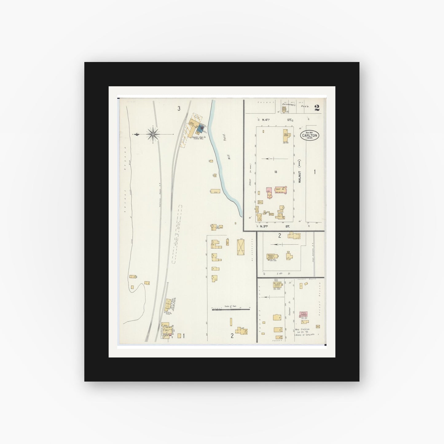 Old map wall art mockup — black gallery frame with white mat — Sanborn Fire Insurance Map from Carlton, Carlton County, Minnesota (1901), Sheet #0002