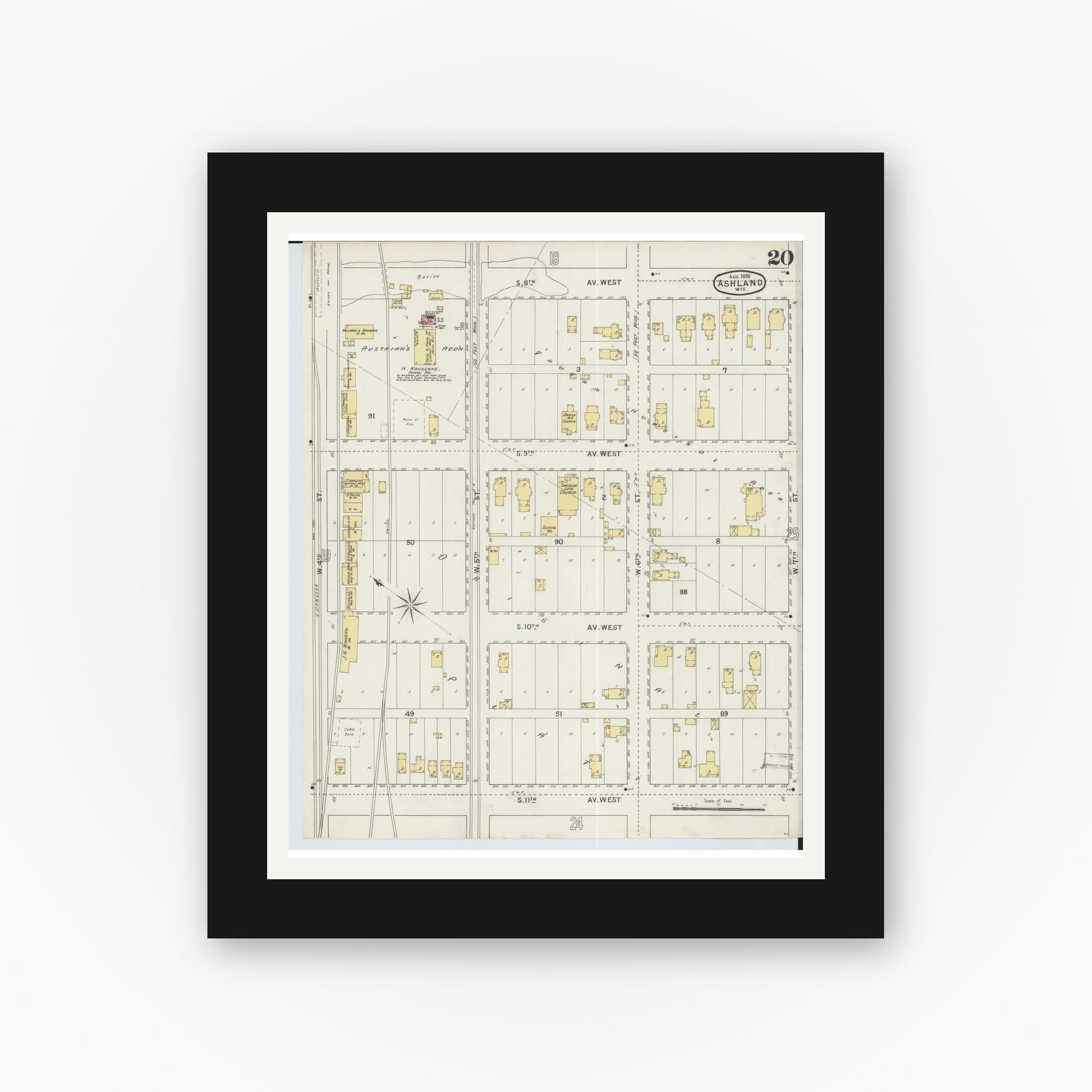 Old map wall art mockup — black gallery frame with white mat — Sanborn Fire Insurance Map from Ashland, Ashland County, Wisconsin (1895), Sheet #0020