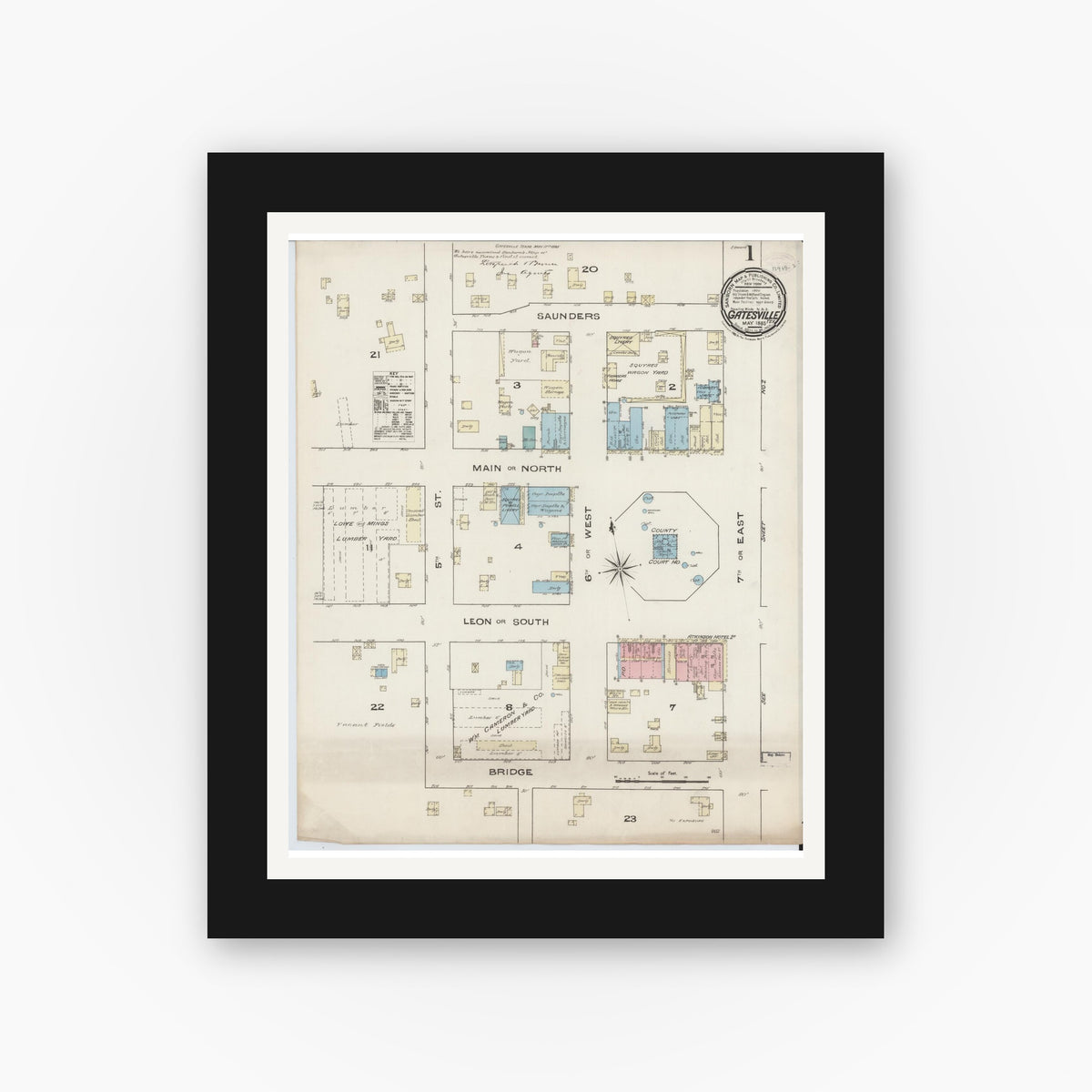 Old map wall art mockup — black gallery frame with white mat — Sanborn Fire Insurance Map from Gatesville, Coryell County, Texas (1885) - Complete Map Set