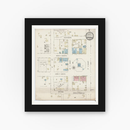 Old map wall art mockup — black gallery frame with white mat — Sanborn Fire Insurance Map from Gatesville, Coryell County, Texas (1885) - Complete Map Set