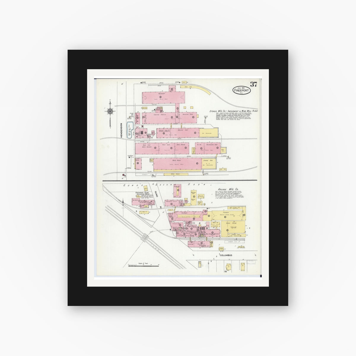 Old map wall art mockup — black gallery frame with white mat — Sanborn Fire Insurance Map from Freeport, Stephenson County, Illinois (1910), Sheet #0037