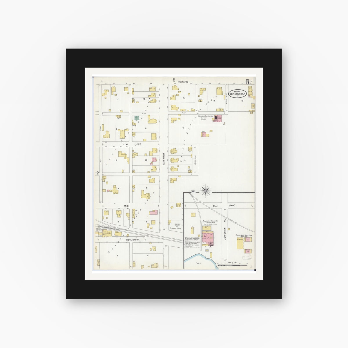 Old map wall art mockup — black gallery frame with white mat — Sanborn Fire Insurance Map from Winchester, Scott County, Illinois (1906), Sheet #0005