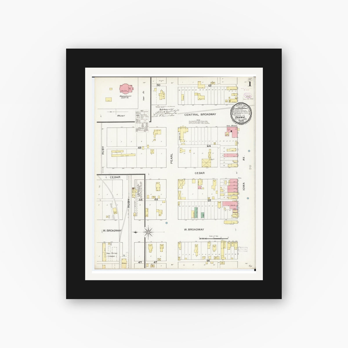 Old map wall art mockup — black gallery frame with white mat — Sanborn Fire Insurance Map from Onawa, Monona County, Iowa (1893) â€” Complete Set
