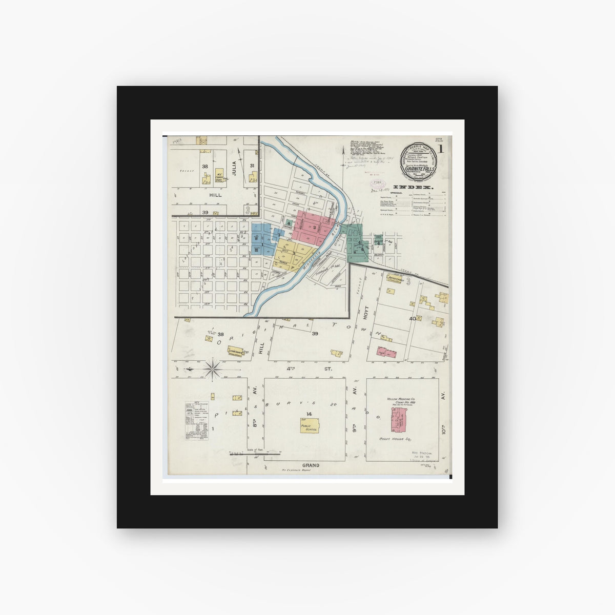 Old map wall art mockup — black gallery frame with white mat — Sanborn Fire Insurance Map from Granite Falls, Yellow Medicine And Chippewa Counties, Minnesota (1893) - Complete Map Set