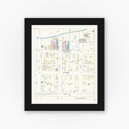 Old map wall art mockup — black gallery frame with white mat — Sanborn Fire Insurance Map from Waterloo, Black Hawk County, Iowa (1892), Sheet #0009