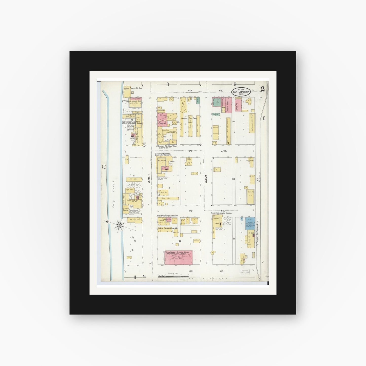 Old map wall art mockup — black gallery frame with white mat — Sanborn Fire Insurance Map from Benton Harbor, Berrien County, Michigan (1905), Sheet #0002
