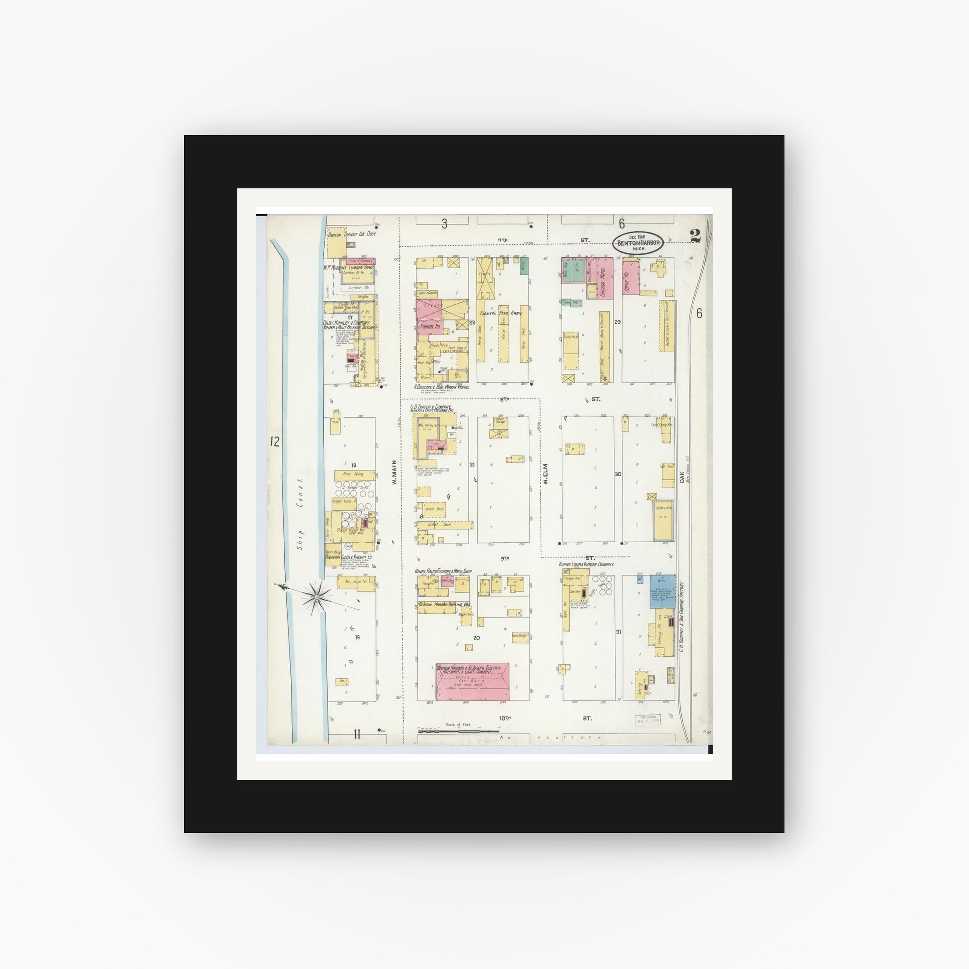Old map wall art mockup — black gallery frame with white mat — Sanborn Fire Insurance Map from Benton Harbor, Berrien County, Michigan (1905), Sheet #0002