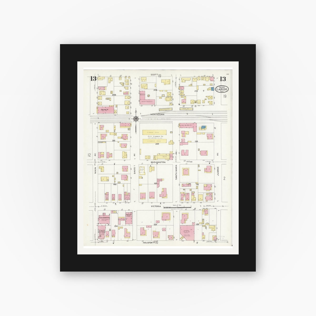 Old map wall art mockup — black gallery frame with white mat — Sanborn Fire Insurance Map from Laredo, Webb County, Texas (1925), Sheet #0013