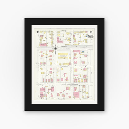 Old map wall art mockup — black gallery frame with white mat — Sanborn Fire Insurance Map from Laredo, Webb County, Texas (1925), Sheet #0013