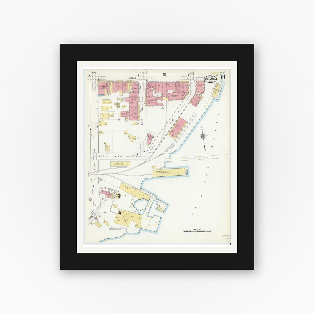 Old map wall art mockup — black gallery frame with white mat — Sanborn Fire Insurance Map from Palatka, Putnam County, Florida (1915), Sheet #0014