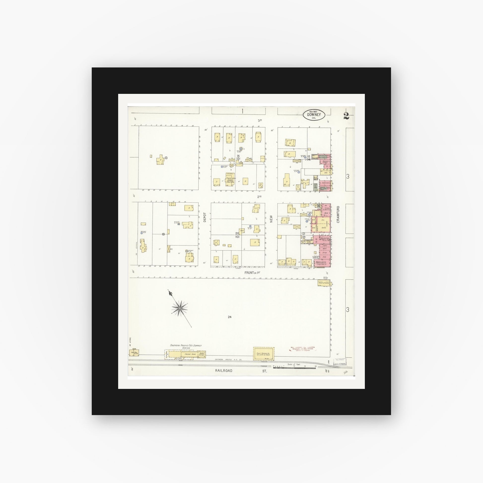 Old map wall art mockup — black gallery frame with white mat — Sanborn Fire Insurance Map from Downey, Los Angeles County, California (1907), Sheet #0002