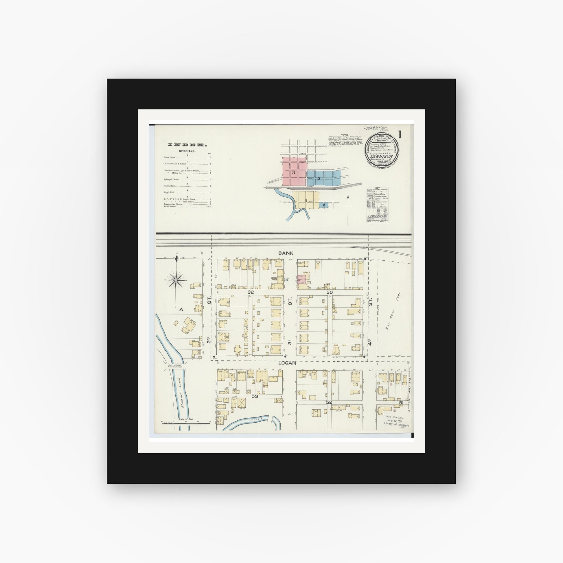 Old map wall art mockup — black gallery frame with white mat — Sanborn Fire Insurance Map from Dennison, Tuscarawas County, Ohio (1892), Sheet #0001