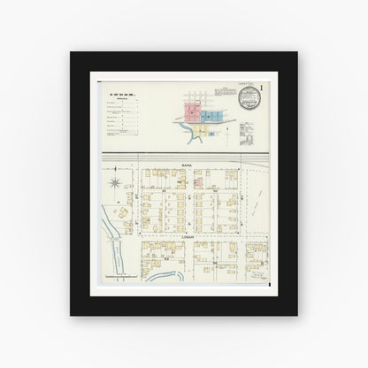 Old map wall art mockup — black gallery frame with white mat — Sanborn Fire Insurance Map from Dennison, Tuscarawas County, Ohio (1892), Sheet #0001