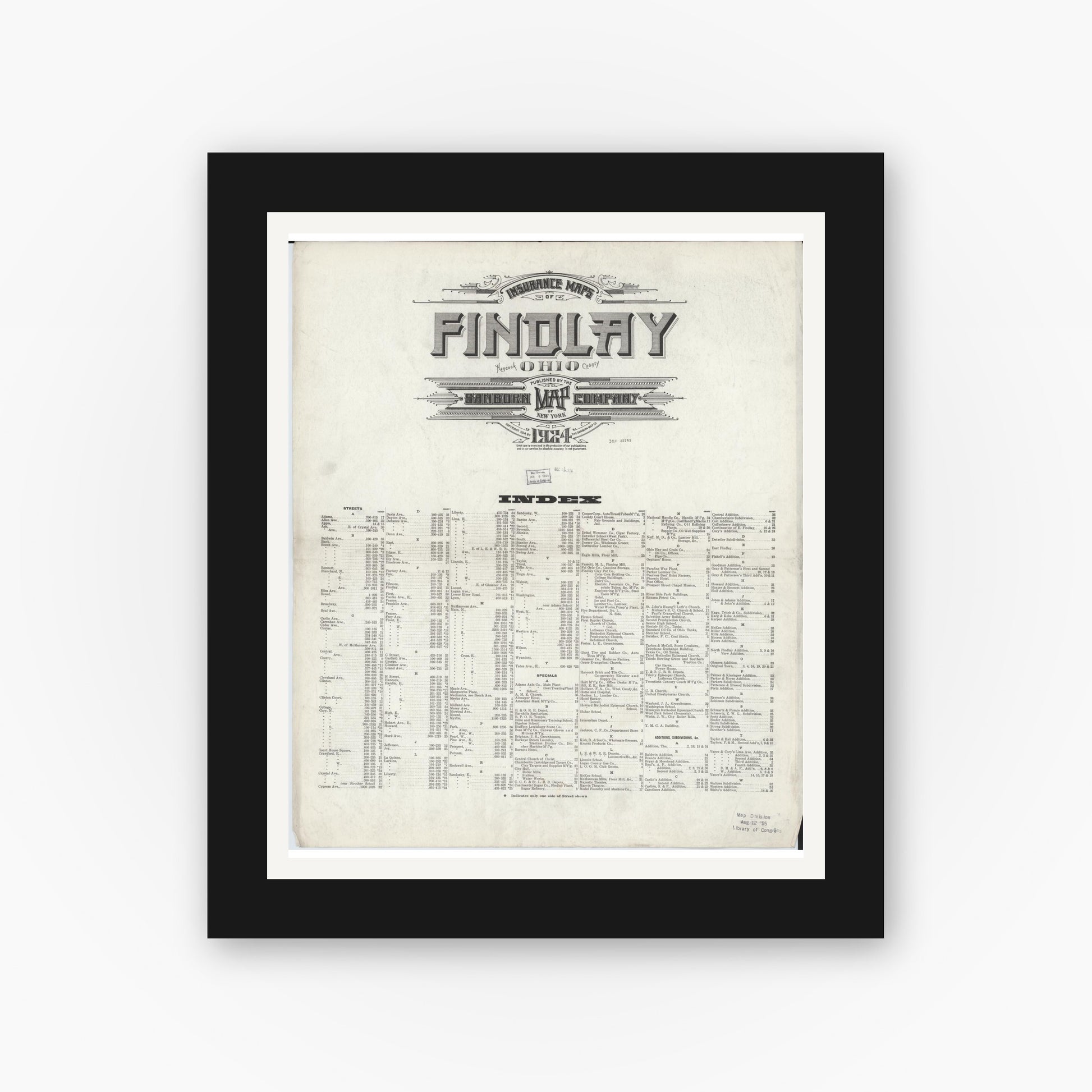Old map wall art mockup — black gallery frame with white mat — Sanborn Fire Insurance Map from Findlay, Hancock County, Ohio (1924), Sheet #0001
