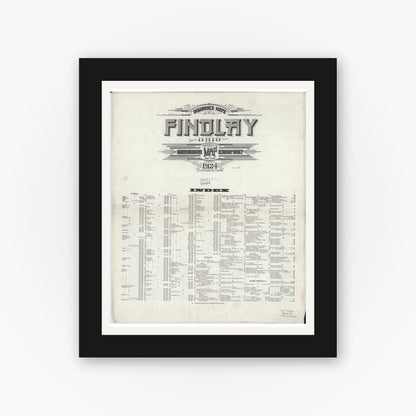 Old map wall art mockup — black gallery frame with white mat — Sanborn Fire Insurance Map from Findlay, Hancock County, Ohio (1924), Sheet #0001
