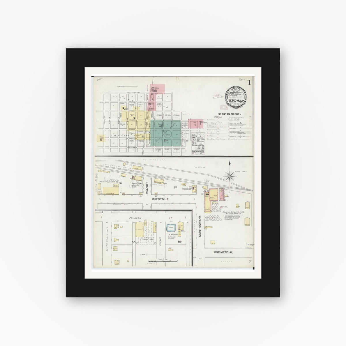 Old map wall art mockup — black gallery frame with white mat — Sanborn Fire Insurance Map from Kahoka, Clark County, Missouri (1893) - Complete Map Set