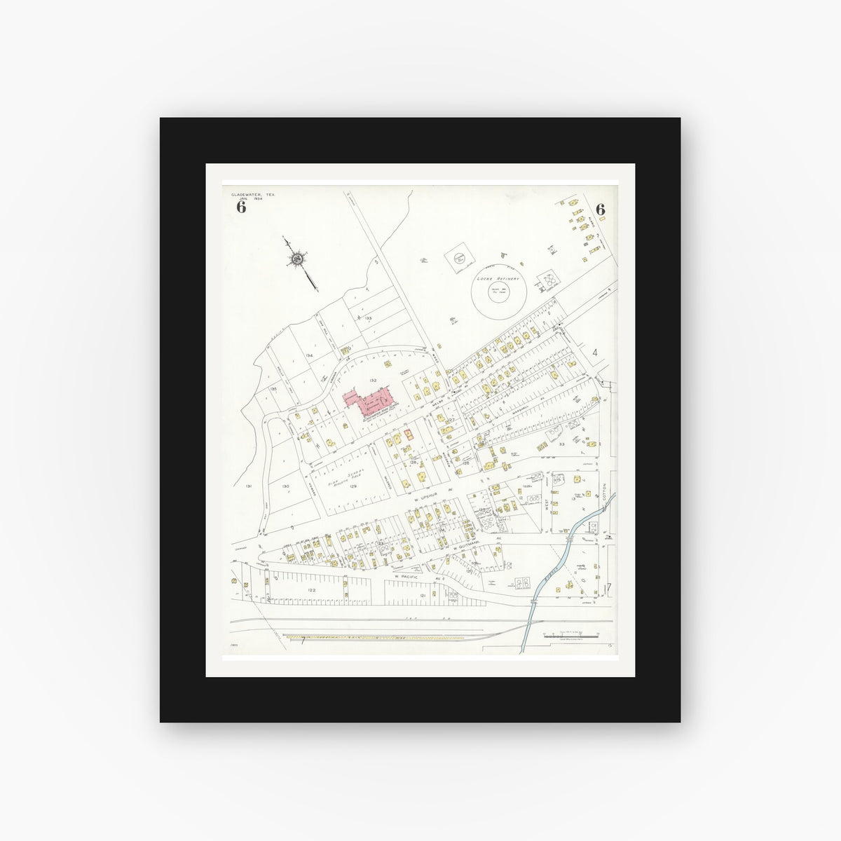 Old map wall art mockup — black gallery frame with white mat — Sanborn Fire Insurance Map from Gladewater, Gregg County, Texas (1934), Sheet #0006