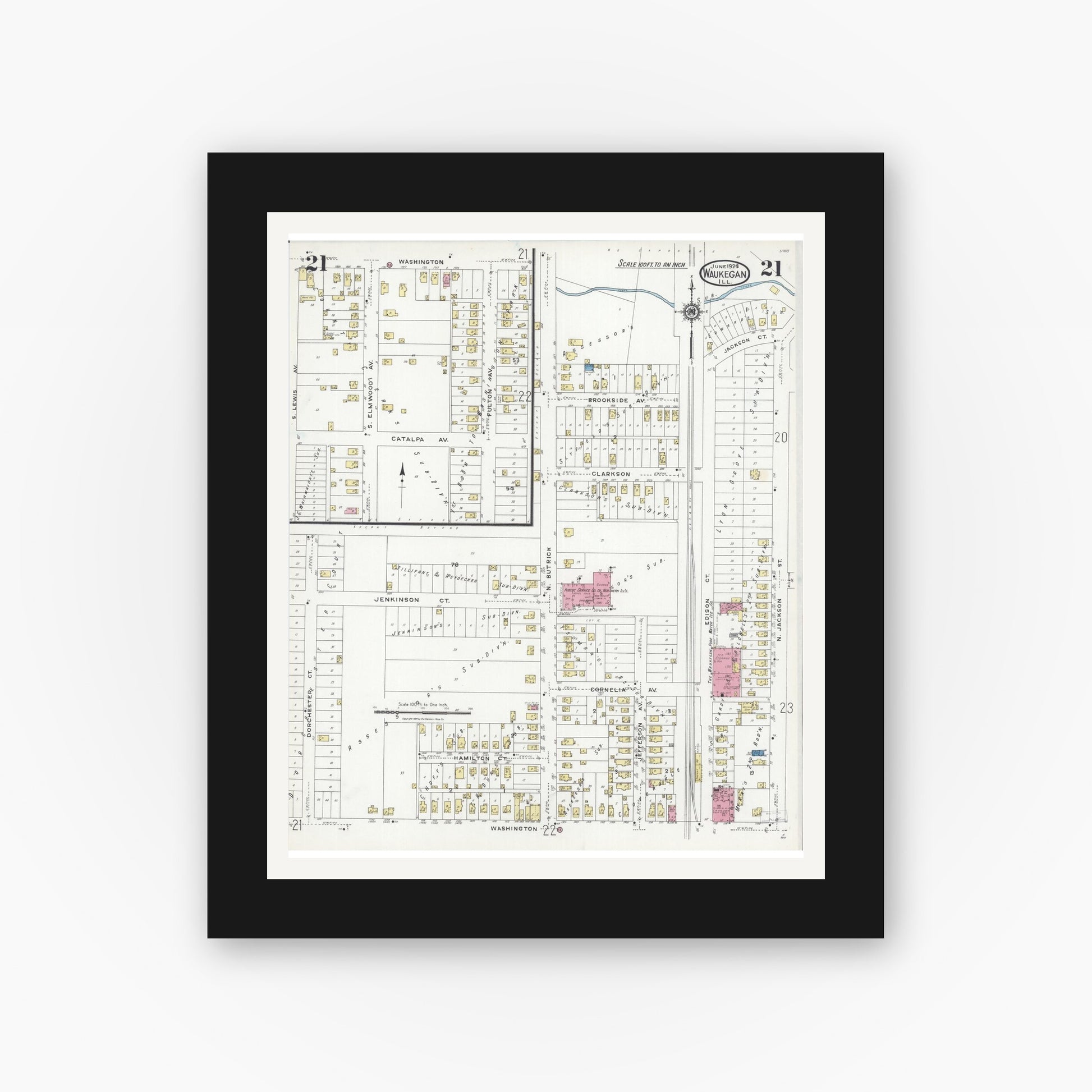 Old map wall art mockup — black gallery frame with white mat — Sanborn Fire Insurance Map from Waukegan, Lake County, Illinois (1924), Sheet #0021