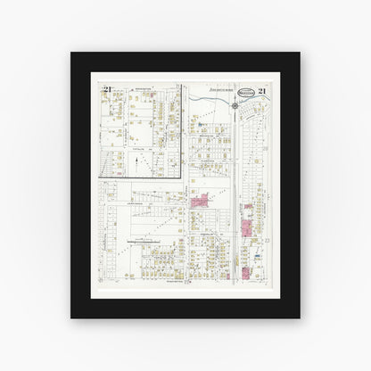 Old map wall art mockup — black gallery frame with white mat — Sanborn Fire Insurance Map from Waukegan, Lake County, Illinois (1924), Sheet #0021