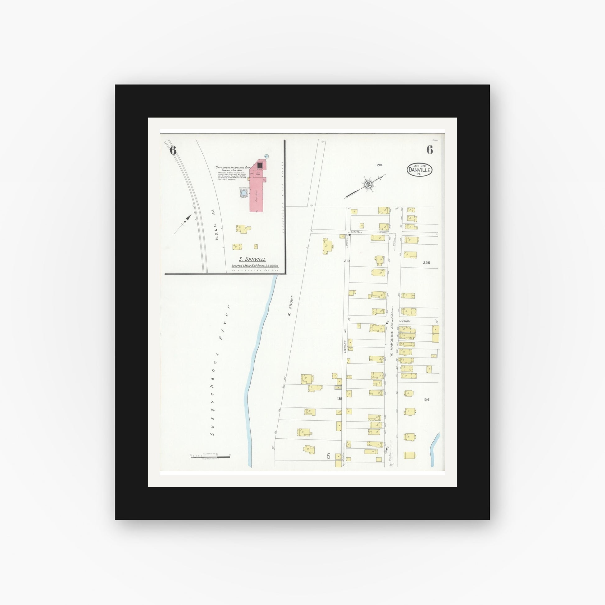Old map wall art mockup — black gallery frame with white mat — Sanborn Fire Insurance Map from Danville, Montour County, Pennsylvania (1930), Sheet #0006