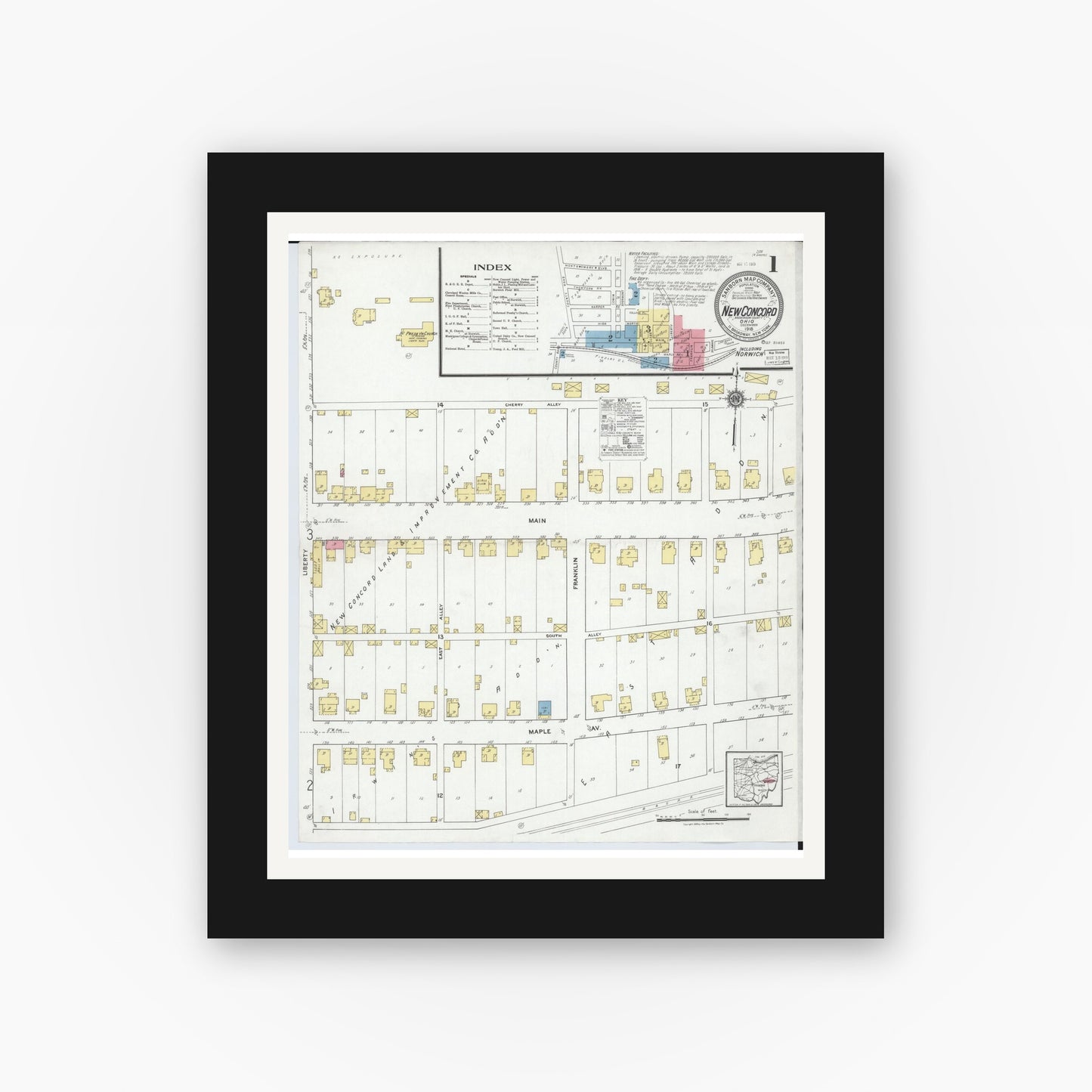 Old map wall art mockup — black gallery frame with white mat — Sanborn Fire Insurance Map from New Concord, Muskingum County, Ohio (1918) - Complete Map Set