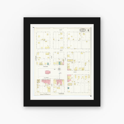 Old map wall art mockup — black gallery frame with white mat — Sanborn Fire Insurance Map from Sidney, Fremont County, Iowa (1893), Sheet #0002