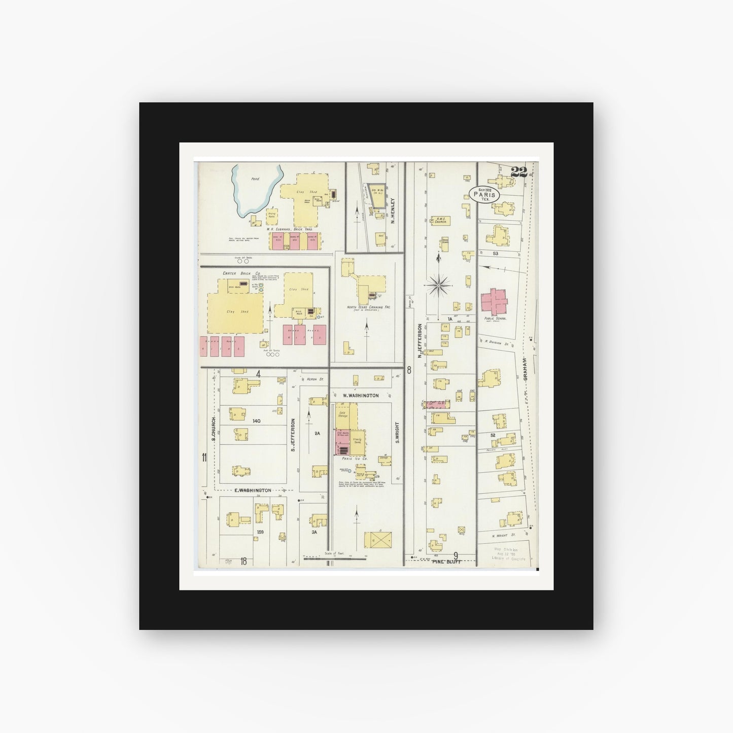 Old map wall art mockup — black gallery frame with white mat — Sanborn Fire Insurance Map from Paris, Lamar County, Texas (1902), Sheet #0022