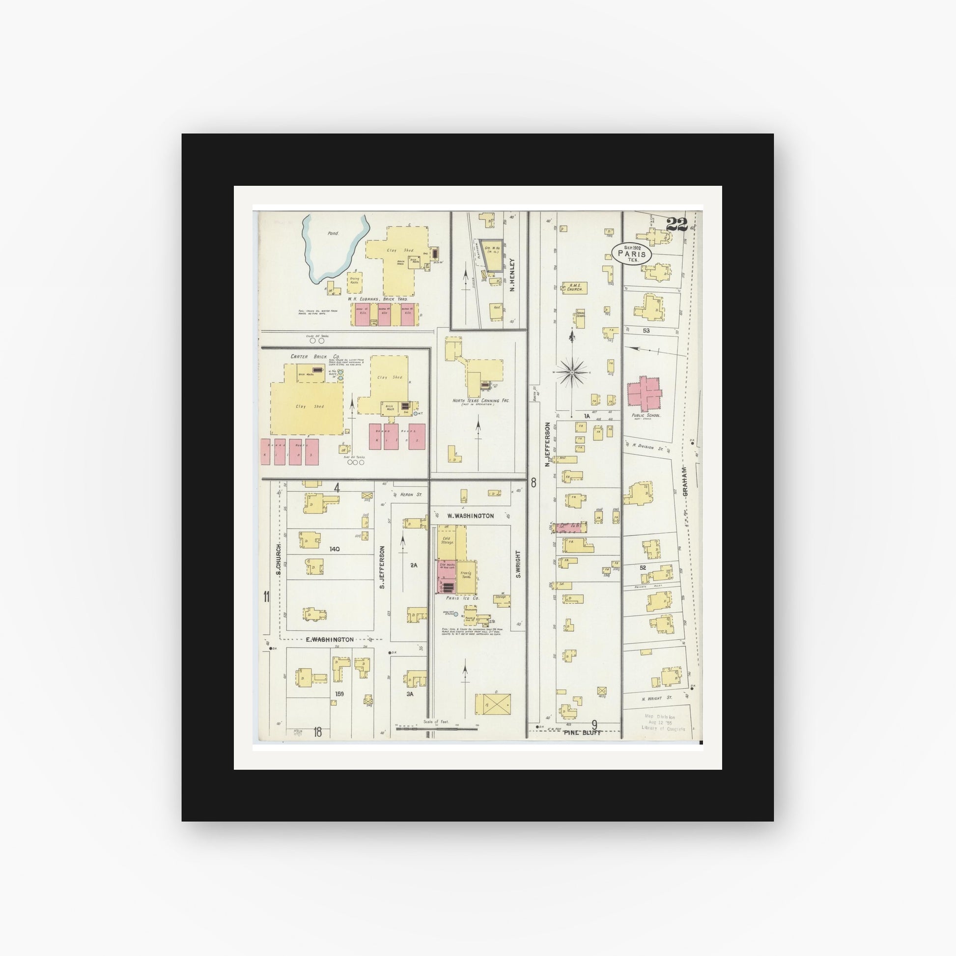 Old map wall art mockup — black gallery frame with white mat — Sanborn Fire Insurance Map from Paris, Lamar County, Texas (1902), Sheet #0022