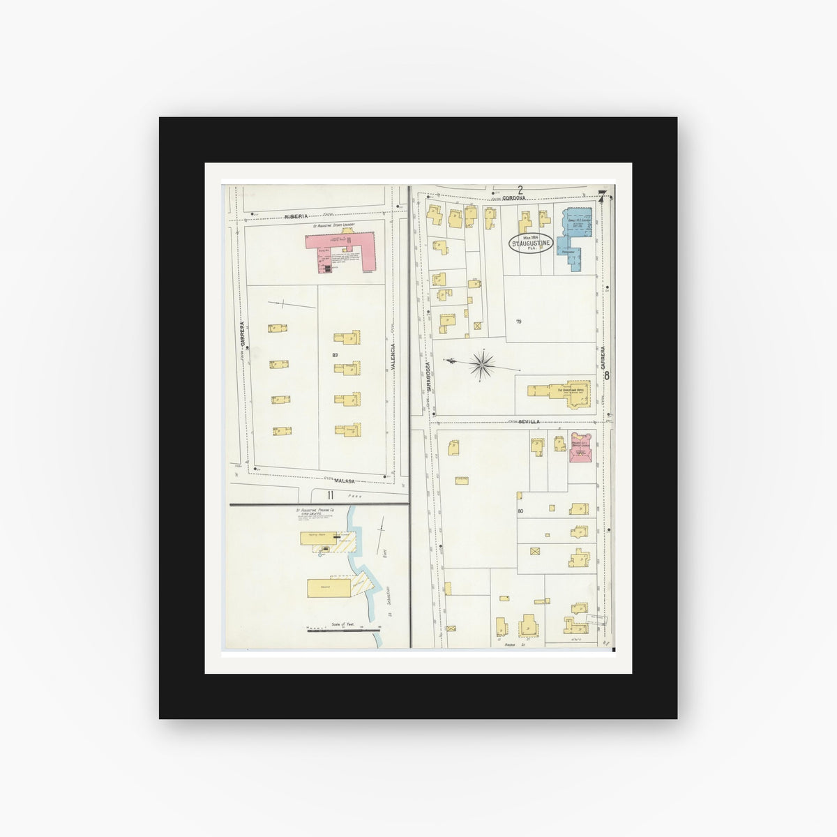Old map wall art mockup — black gallery frame with white mat — Sanborn Fire Insurance Map from Saint Augustine, Saint John's County, Florida (1904), Sheet #0007