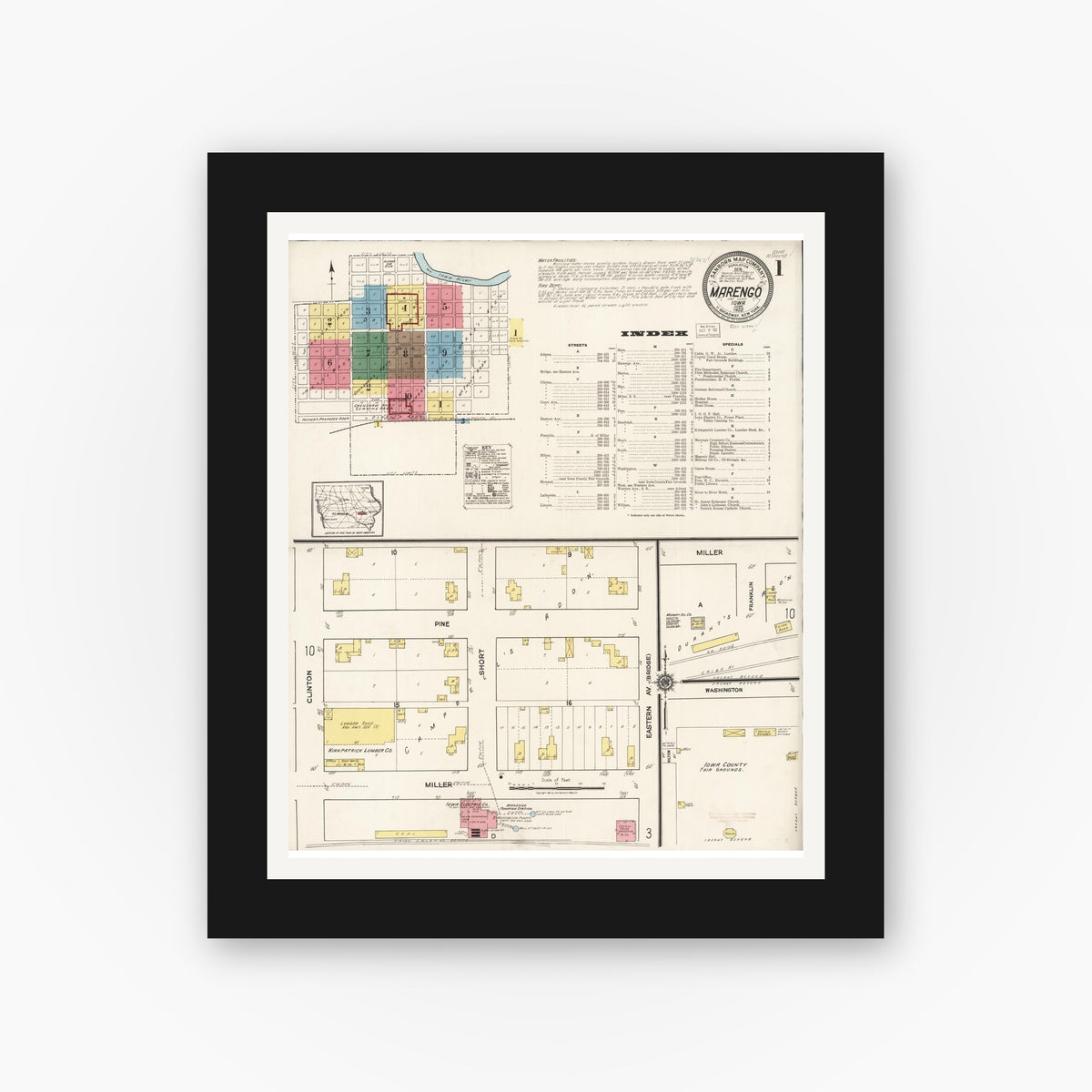 Old map wall art mockup — black gallery frame with white mat — Sanborn Fire Insurance Map from Marengo, Iowa County, Iowa (1922), Sheet #0001
