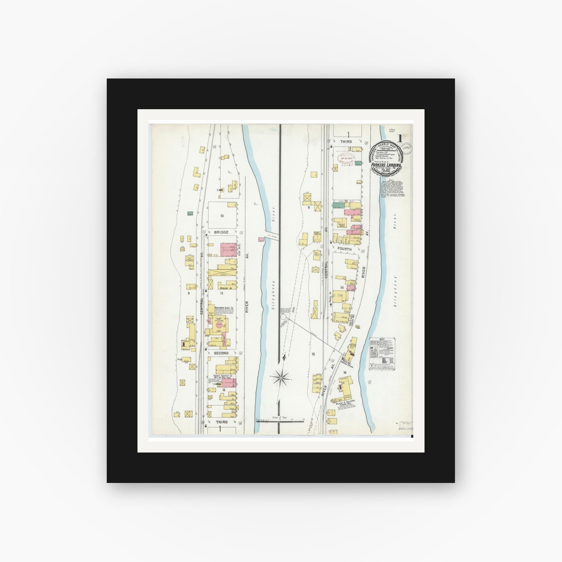 Old map wall art mockup — black gallery frame with white mat — Sanborn Fire Insurance Map from Parkers Landing, Armstrong County, Pennsylvania (1899), Sheet #0001