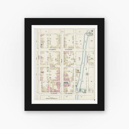 Old map wall art mockup — black gallery frame with white mat — Sanborn Fire Insurance Map from Tyrone, Blair County, Pennsylvania (1891), Sheet #0003