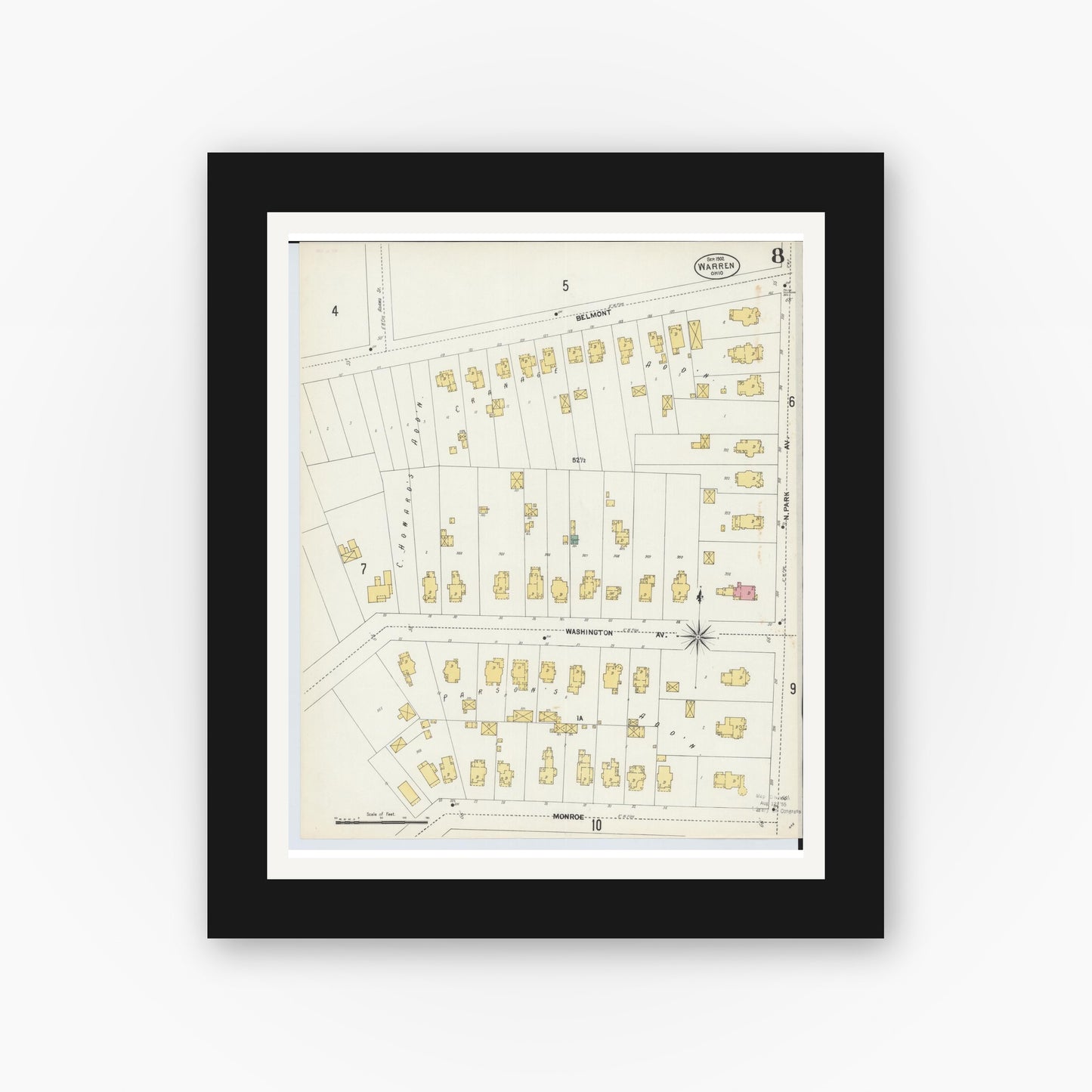 Old map wall art mockup — black gallery frame with white mat — Sanborn Fire Insurance Map from Warren, Trumbull County, Ohio (1902), Sheet #0008