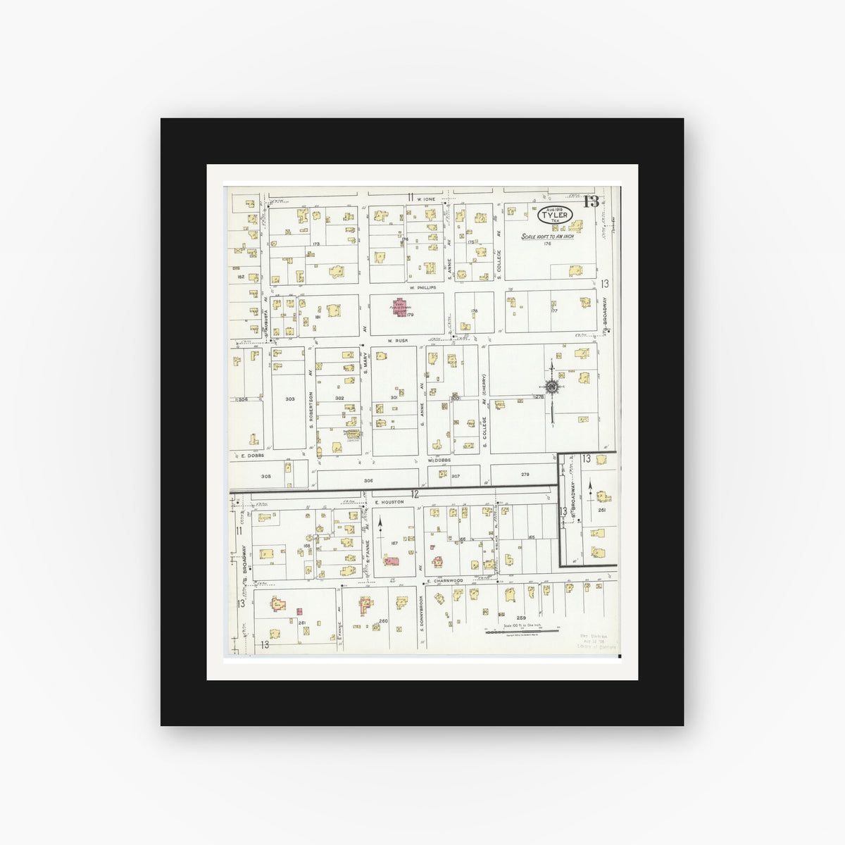 Old map wall art mockup — black gallery frame with white mat — Sanborn Fire Insurance Map from Tyler, Smith County, Texas (1919), Sheet #0013