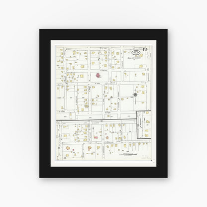 Old map wall art mockup — black gallery frame with white mat — Sanborn Fire Insurance Map from Tyler, Smith County, Texas (1919), Sheet #0013