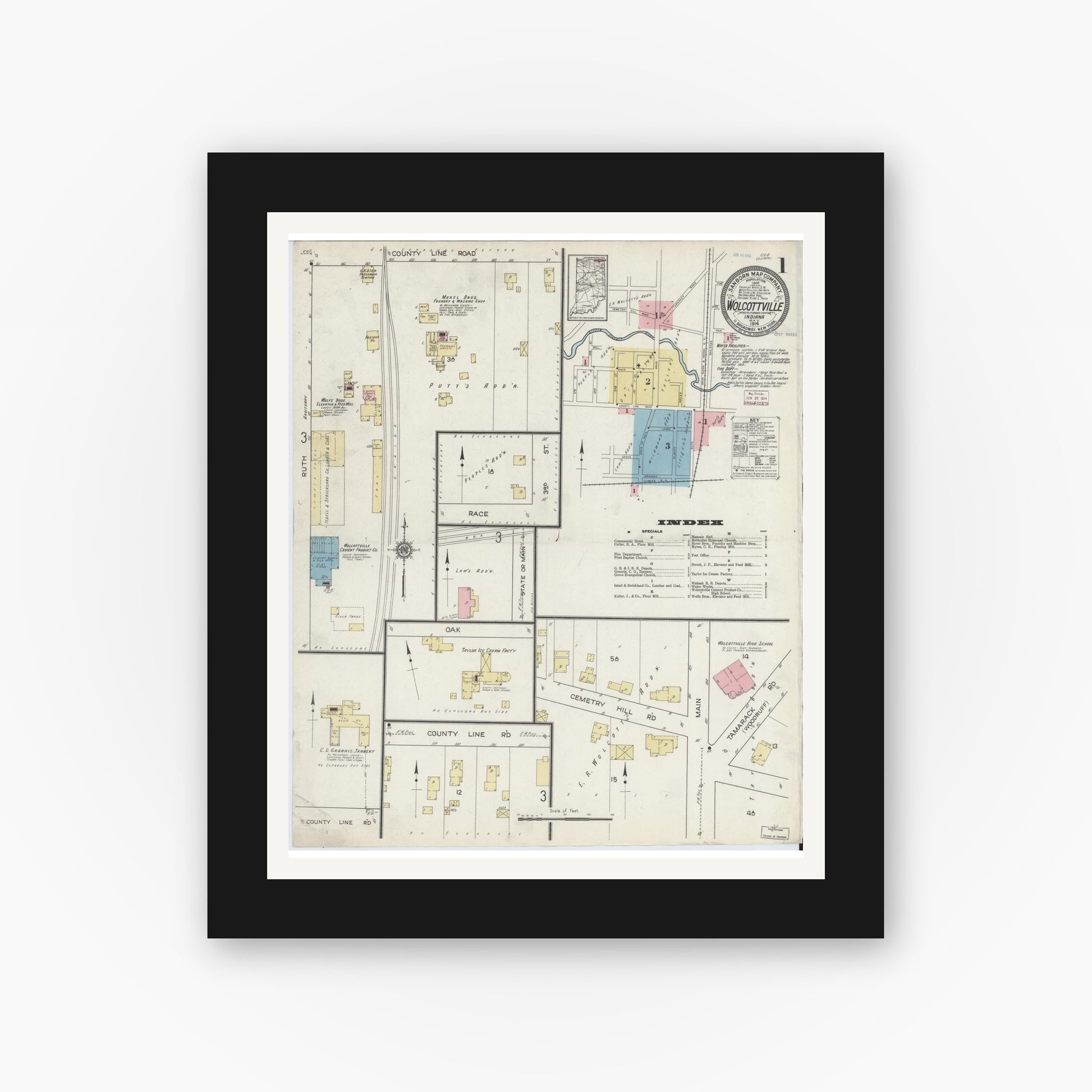 Old map wall art mockup — black gallery frame with white mat — Sanborn Fire Insurance Map from Wolcottville, Noble And LaGrange Counties, Indiana (1914) - Complete Map Set