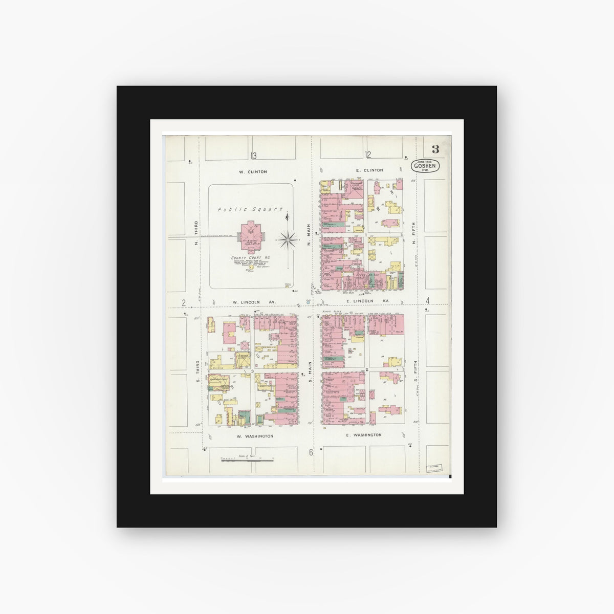 Old map wall art mockup — black gallery frame with white mat — Sanborn Fire Insurance Map from Goshen, Elkhart County, Indiana (1896), Sheet #0003