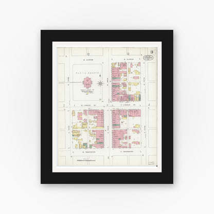 Old map wall art mockup — black gallery frame with white mat — Sanborn Fire Insurance Map from Goshen, Elkhart County, Indiana (1896), Sheet #0003
