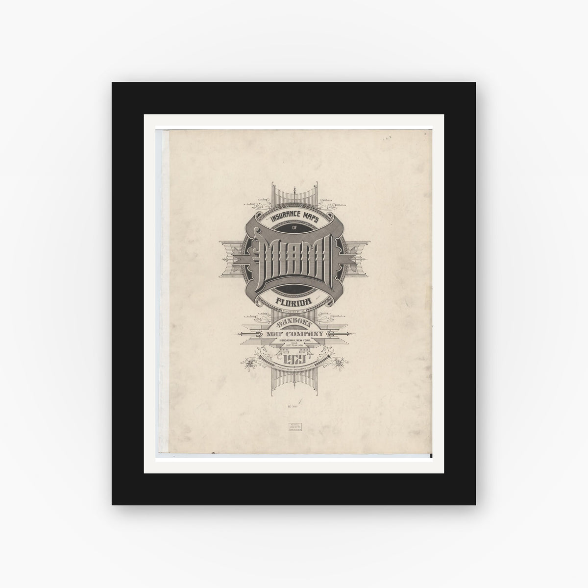 Old map wall art mockup — black gallery frame with white mat — Sanborn Fire Insurance Map from Miami, Dade County, Florida (1924), Sheet #0001